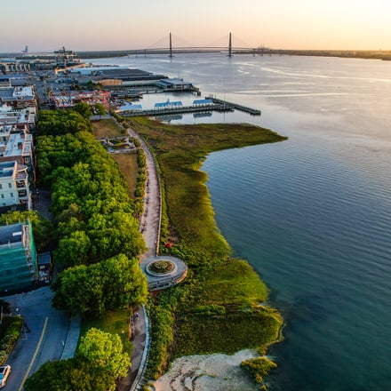 St. Michael's Church and historic buildings at dusk, Charleston SC